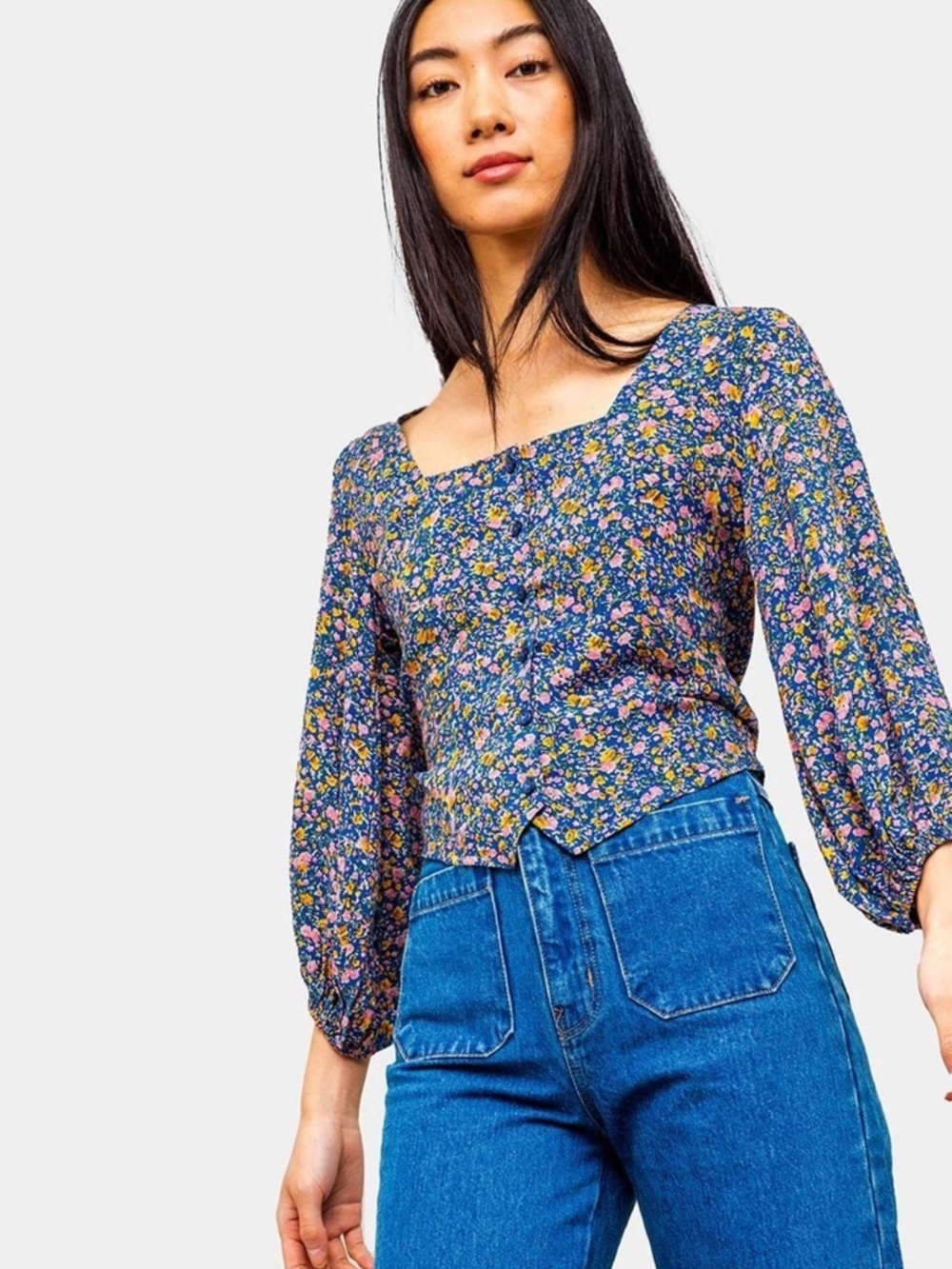 ROLLA'S  Roxanne Coastal Floral Blouse 3/4 Length Sleeve in Blue Size Small